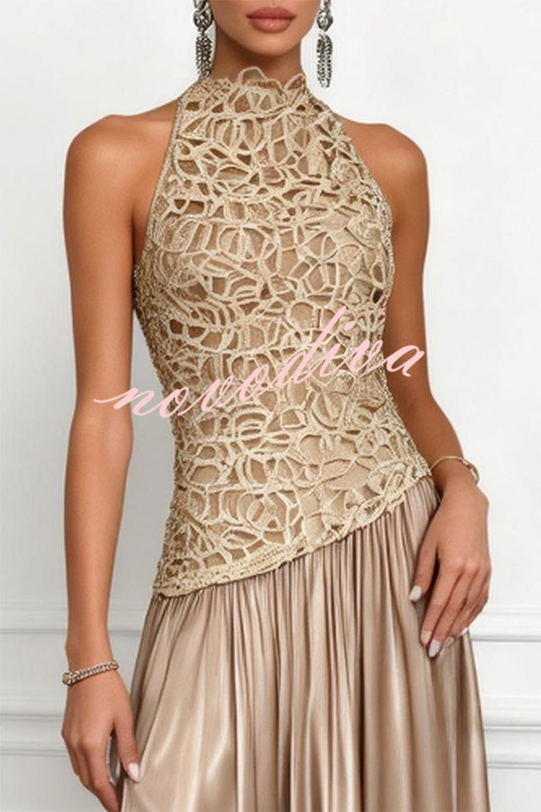 Vestido largo evasé de encaje y satén sin mangas y cuello redondo, ideal para galas de primavera