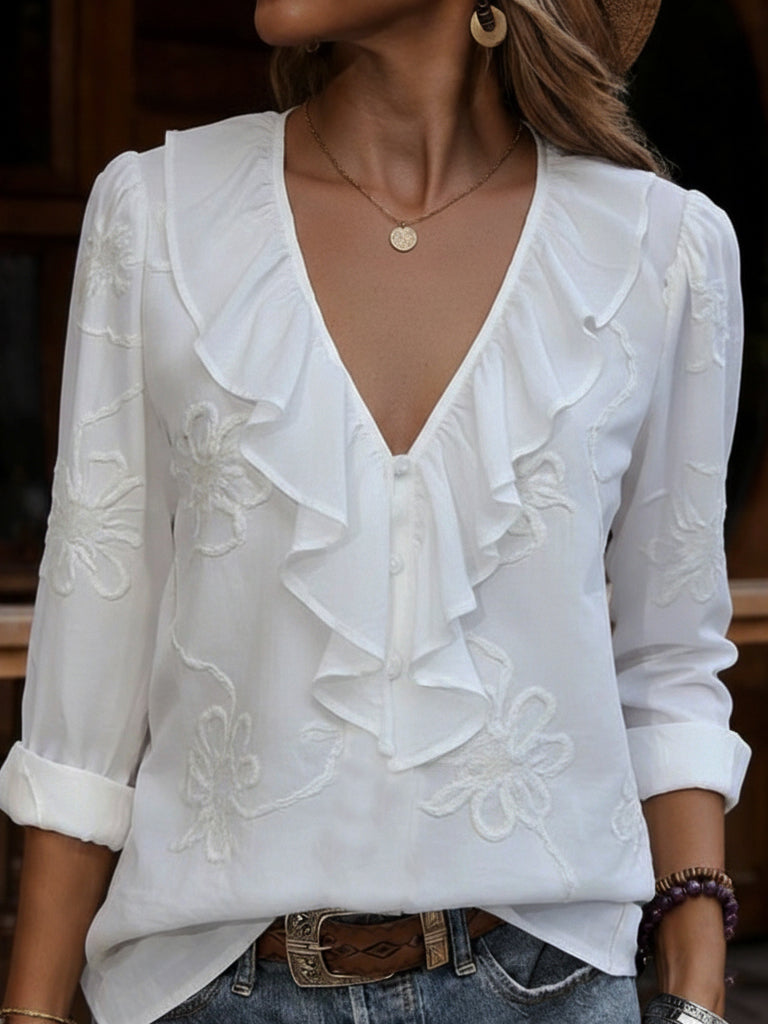CELESTINE | CAMISA DE CUELLO PICO CON VOLANTE Y BORDADO FLORAL VINTAGE
