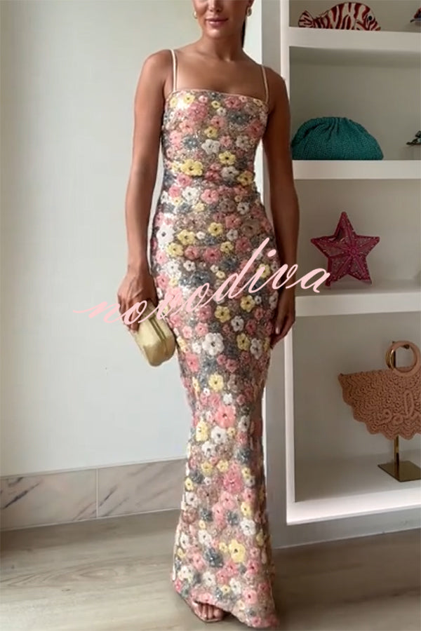 Vestido largo elástico de tirantes con lentejuelas, estampado floral inspiración años 80 y escote cuadrado