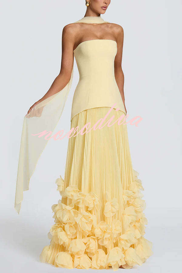 Vestido largo de gala Serafina palabra de honor con apliques florales hechos a mano, bajo plisado y lazada en la espalda