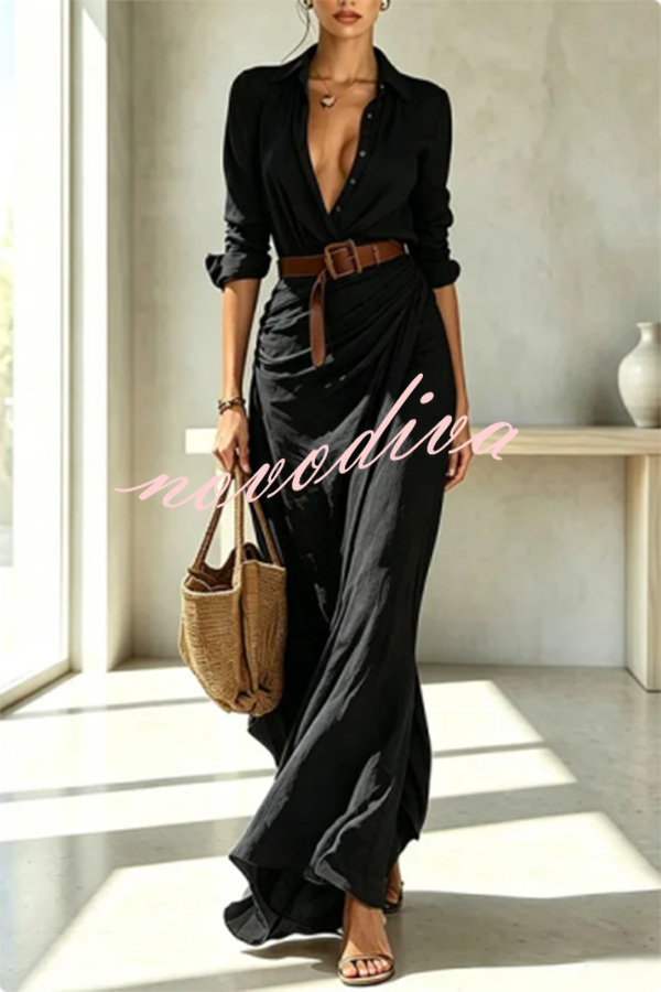 Vestido camisero largo City Sleek cruzado con botonadura sencilla, manga larga y abertura