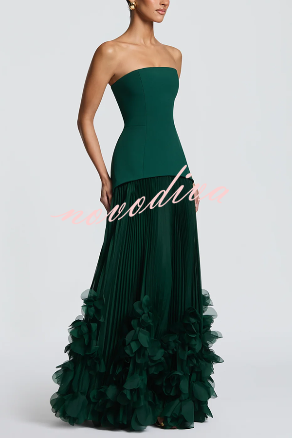 Vestido largo de gala Serafina palabra de honor con apliques florales hechos a mano, bajo plisado y lazada en la espalda