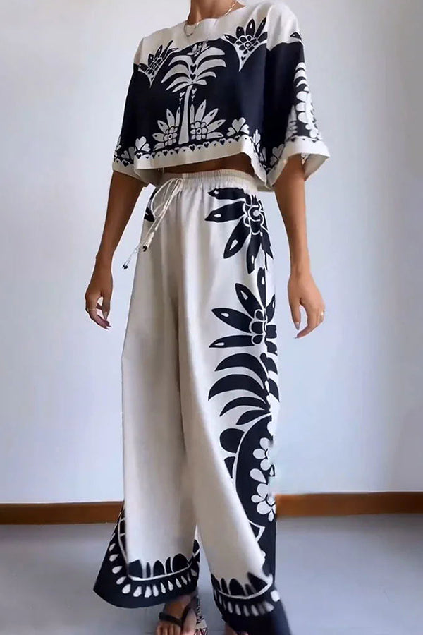Conjunto Exotic Holiday de top holgado con estampado étnico y pantalón ancho con cintura elástica