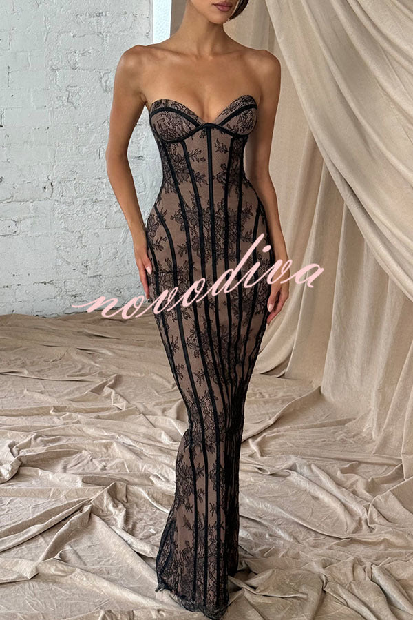 Vestido largo Sian palabra de honor de encaje floral con detalle estructurado en contraste, abertura y lazada en la espalda