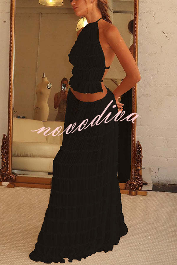 Falda larga escalonada plisada con cintura de cordón, versátil y con encanto vintage