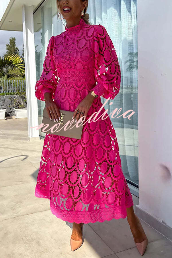 Vestido midi de fiesta Romántico, Sensual y Elegante de encaje de ganchillo con manga farol