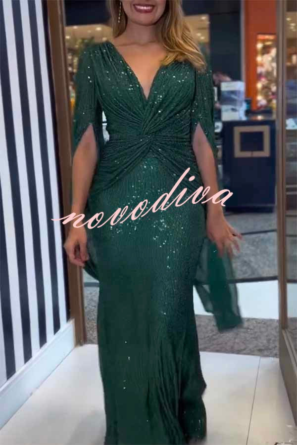 Vestido largo de noche Brilla Más de lentejuelas con manga capa y cintura cruzada