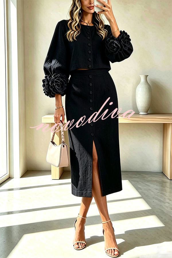 Conjunto de mezcla de lino de blusa con botones de flor y puños florales y falda midi con cintura elástica y bolsillos