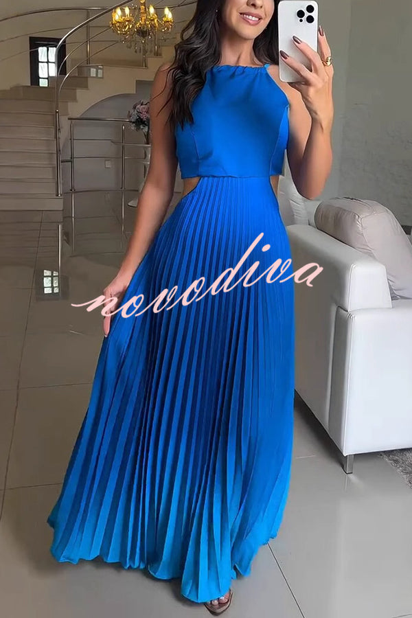 Vestido largo elegante plisado degradado con espalda descubierta y lazada