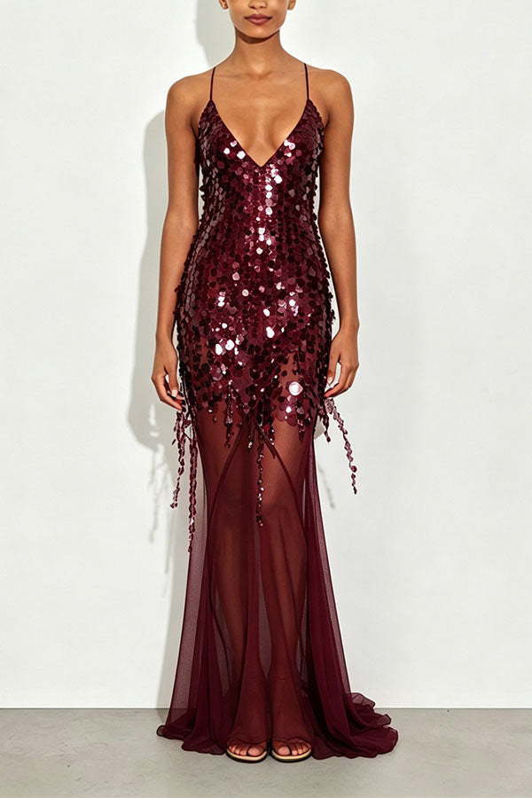 Vestido largo lencero Noche Perfecta de lentejuelas bordadas con espalda descubierta y bajo drapeado de tul
