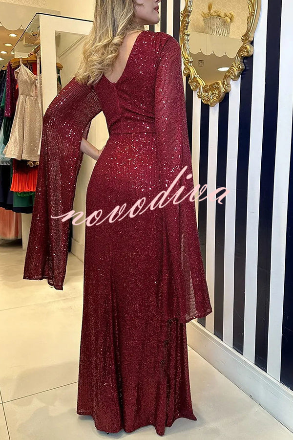 Vestido largo de noche Brilla Más de lentejuelas con manga capa y cintura cruzada