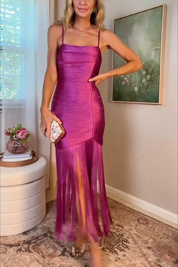 Vestido largo lencero Cocktail Party con flecos, cuello caído, sin mangas y bajo drapeado