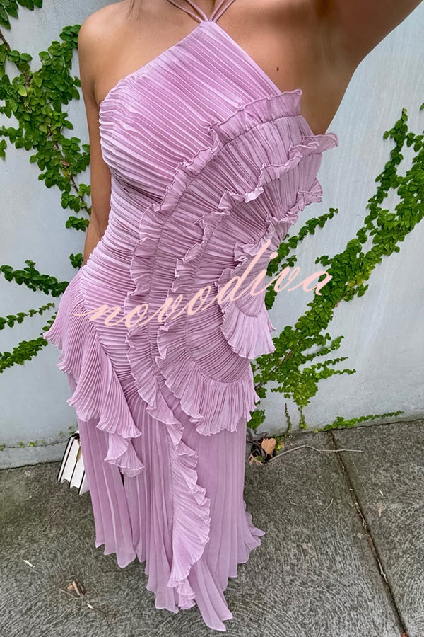 Vestido largo de gala halter Dream Ode con pliegues y volantes estilo nenúfar