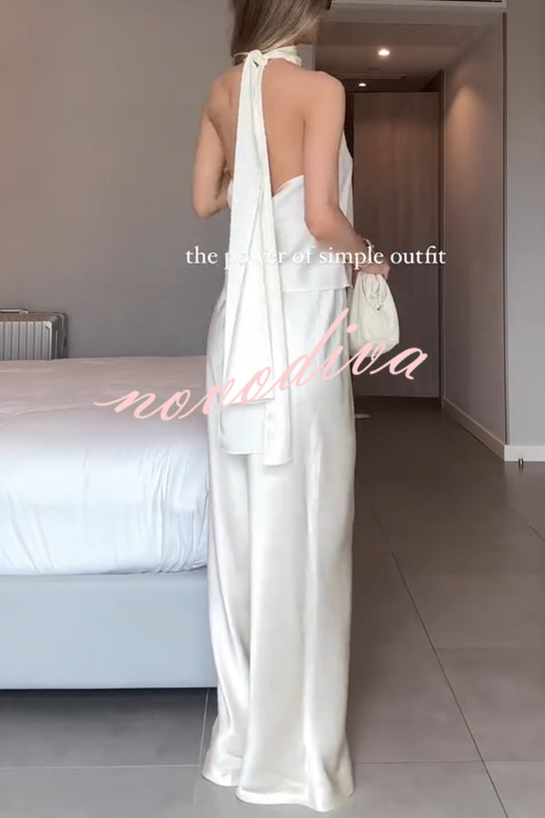 Conjunto Glamour Moderno de top halter de satén con lazada y pantalón ancho con cintura elástica