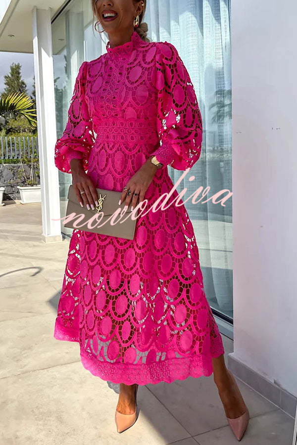 Vestido midi de fiesta Romántico, Sensual y Elegante de encaje de ganchillo con manga farol