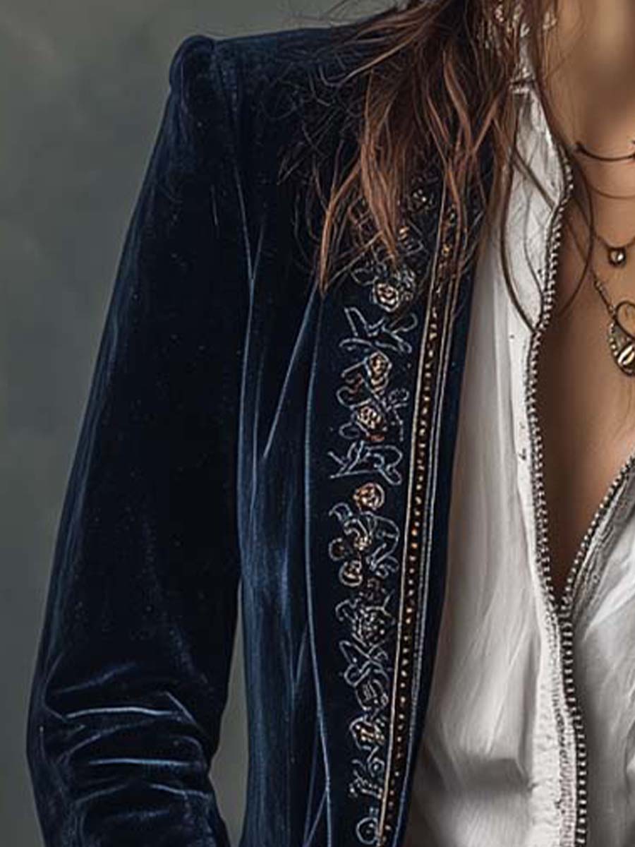 Atenea | Chaqueta Larga Bordada Vintage Azul Marino