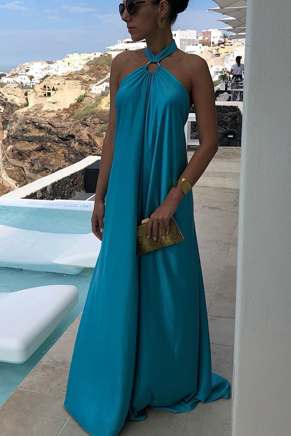 Vestido largo de fiesta/vacaciones Classy and Fabulous de satén con cuello halter y espalda descubierta