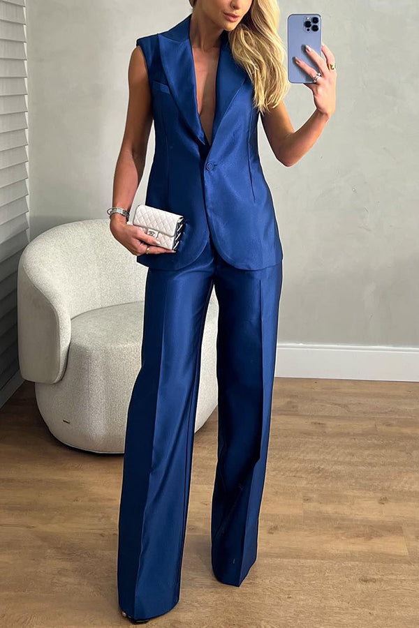 Conjunto Estilo Lujoso de chaleco blazer de satén con solapa, tirantes y espalda descubierta y pantalón recto