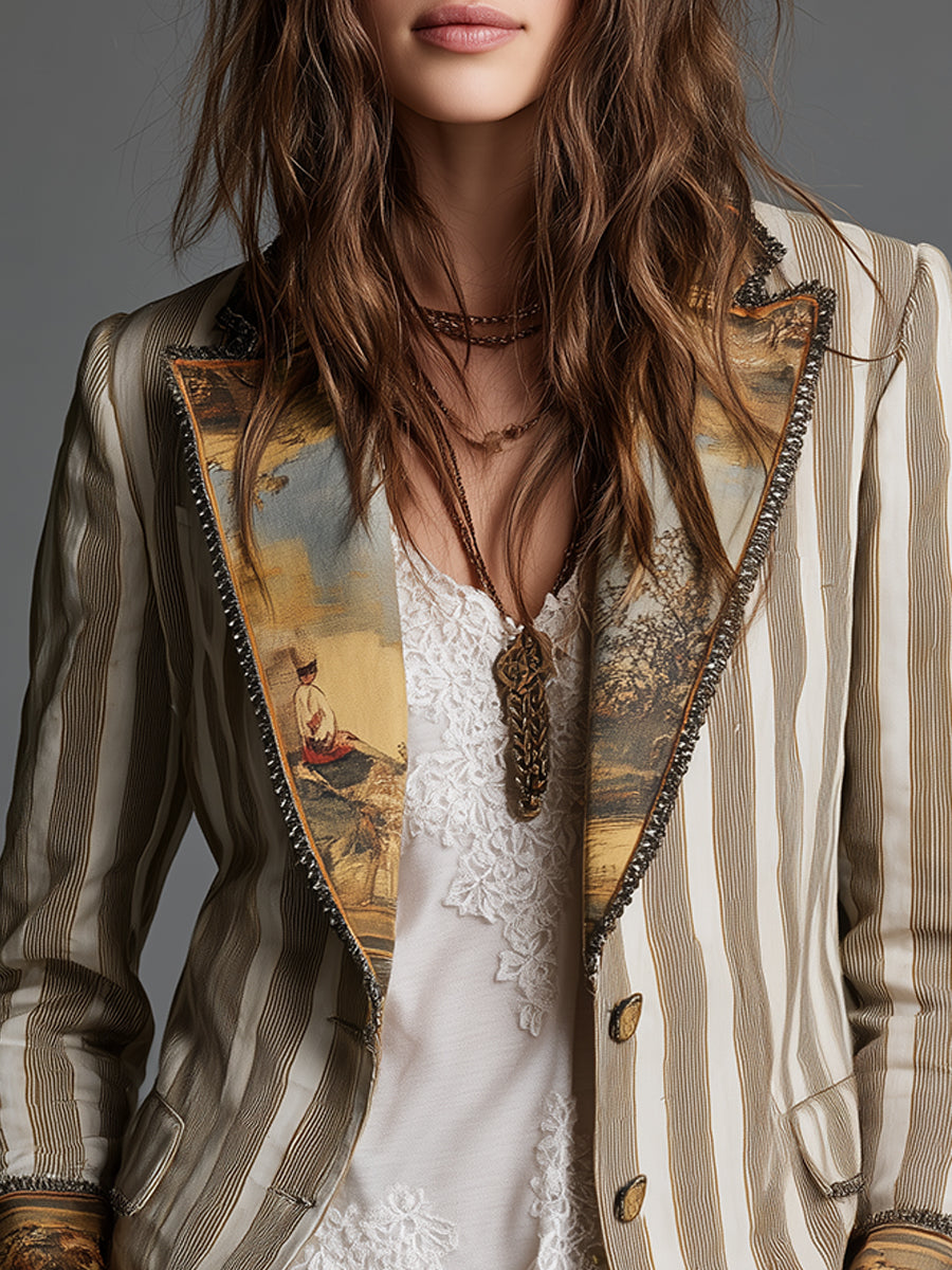 Blazer Boho de Solapa Estampada a Rayas para Mujer