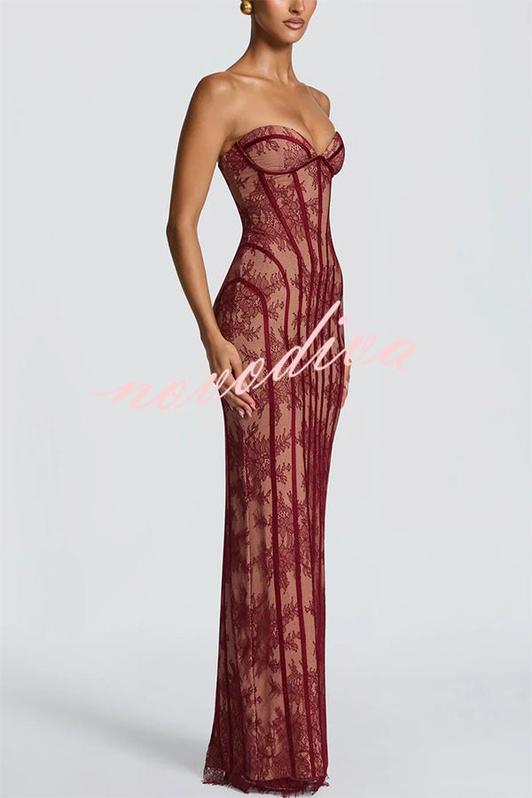 Vestido largo Sian palabra de honor de encaje floral con detalle estructurado en contraste, abertura y lazada en la espalda