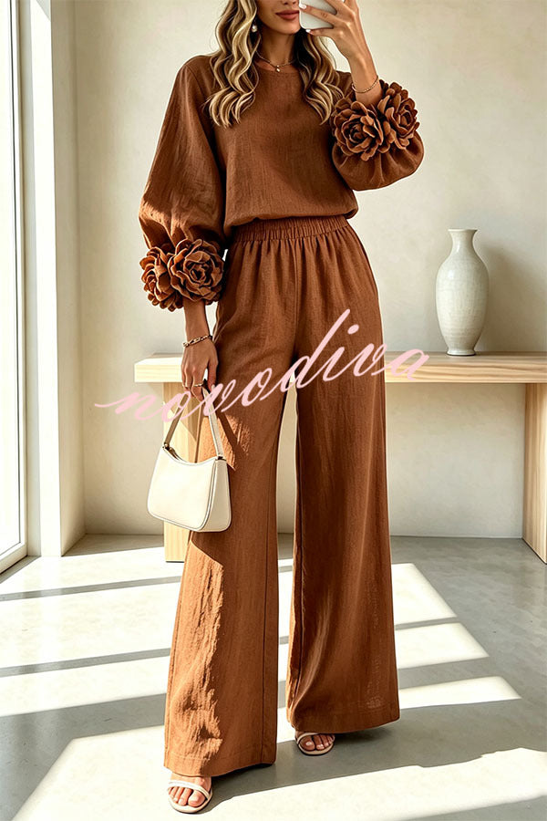 Conjunto de mezcla de lino de blusa con puños florales y pantalón con cintura elástica y bolsillos