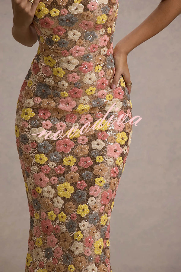 Vestido largo elástico de tirantes con lentejuelas, estampado floral inspiración años 80 y escote cuadrado