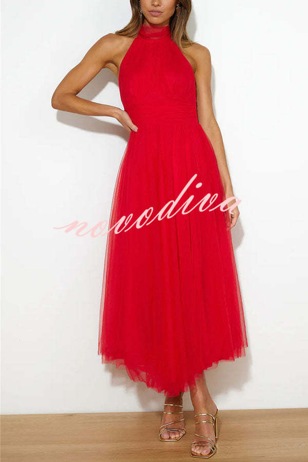 Vestido largo halter Fairy Vibes de tul con detalle fruncido