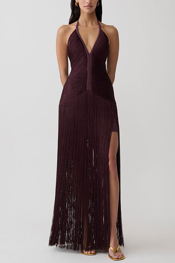 Vestido largo Estética Rítmica drapeado con flecos, cuello halter, escote de pico y sin mangas