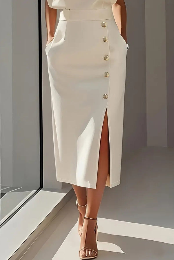 Vestido midi de color liso con manga larga, bolsillos, botones decorativos y abertura