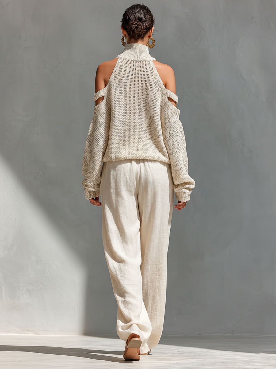 MARIA | Conjunto de top de cuello alto con hombros descubiertos y pantalón ancho de punto
