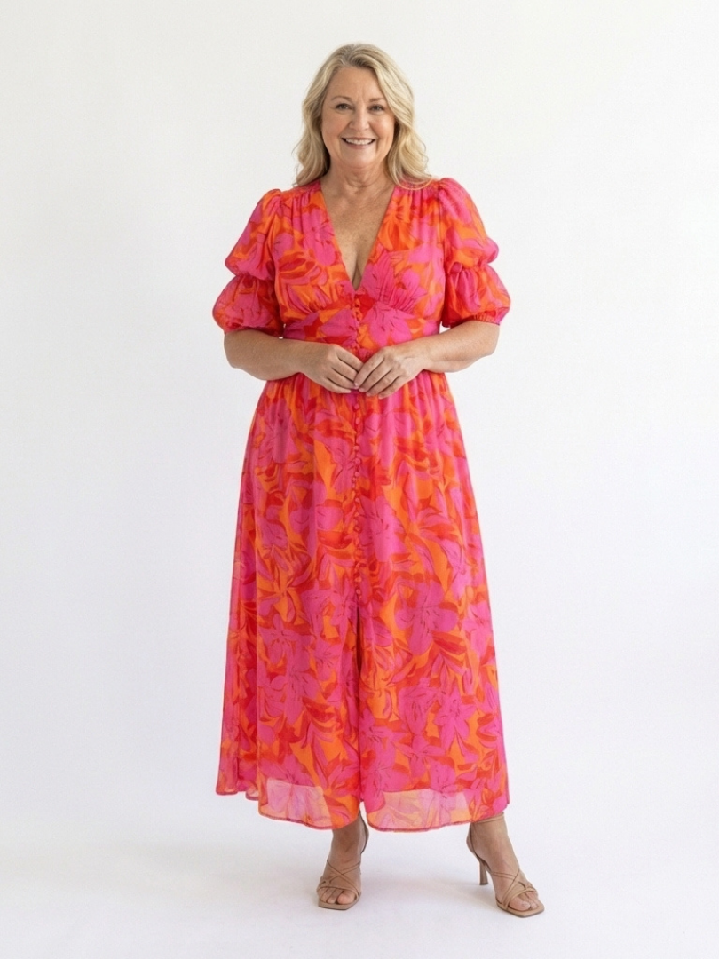 Willow | Vestido Midi Floral de Manga Abullonada y Escote en V