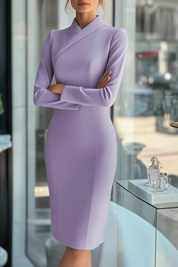 Vestido midi ajustado de color liso con cuello alto y manga larga