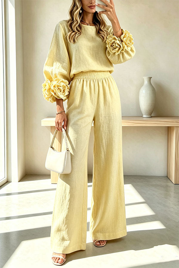 Conjunto de mezcla de lino de blusa con puños florales y pantalón con cintura elástica y bolsillos