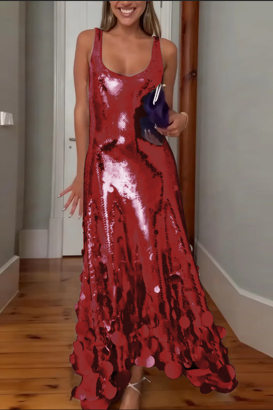 Vestido largo de tirantes Consejos de Fiesta de lentejuelas con bajo de flecos redondos irregulares y abertura en la espalda