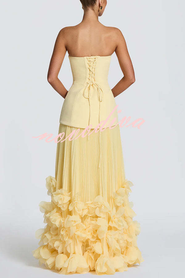 Vestido largo de gala Serafina palabra de honor con apliques florales hechos a mano, bajo plisado y lazada en la espalda