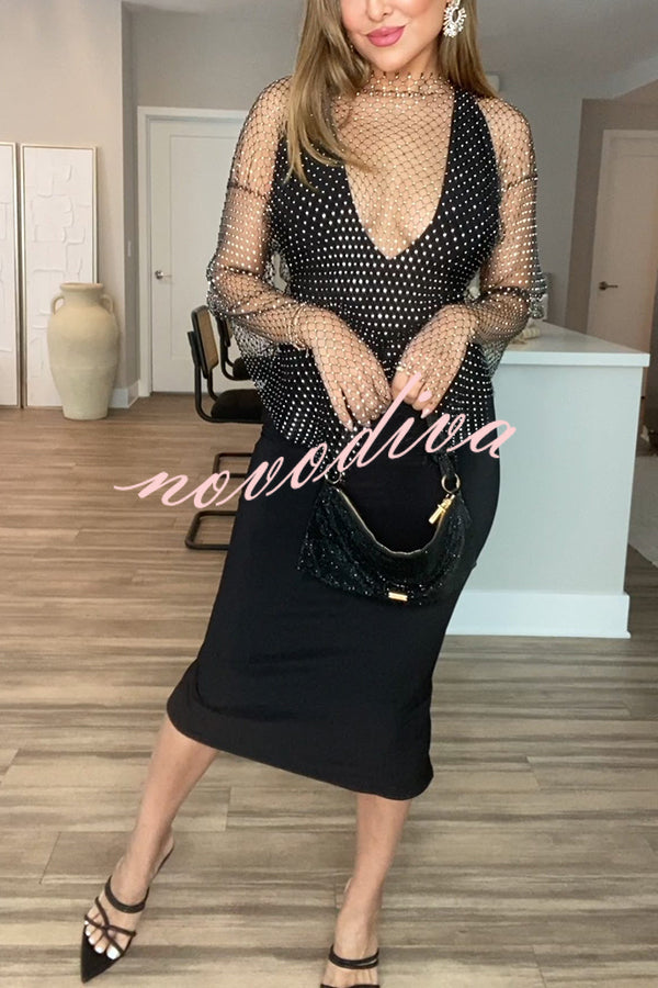Top de manga larga acampanada de malla de rombos Best Layering Items