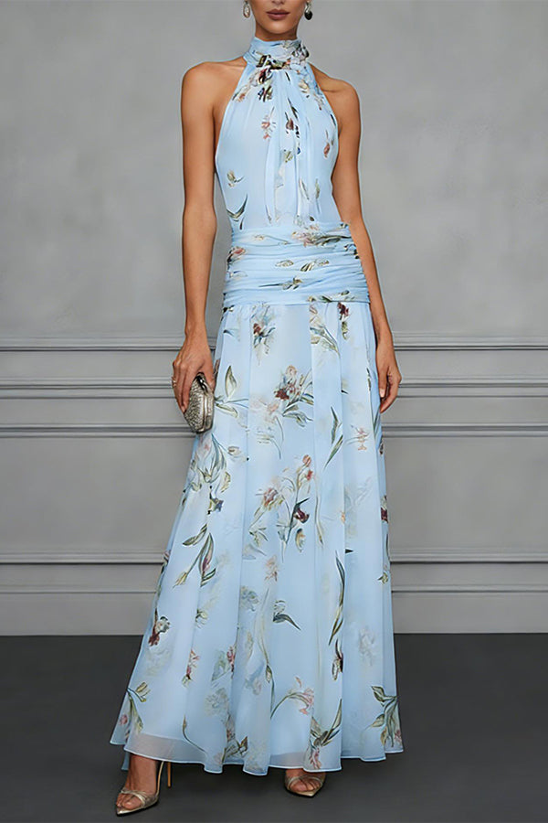Vestido Aria floral halter fruncido