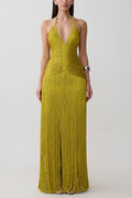 Vestido largo Estética Rítmica drapeado con flecos, cuello halter, escote de pico y sin mangas