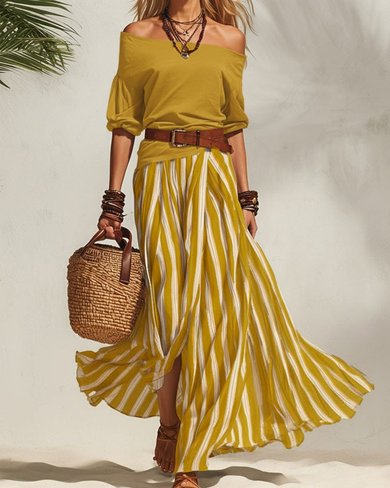 MADISON | Conjunto de falda maxi de rayas con top de hombros descubiertos