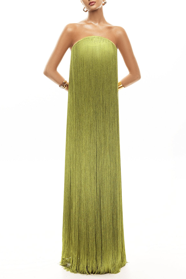 Vestido largo de gala hasta el suelo Dreamy Eye-catching con flecos brillantes y hombros descubiertos