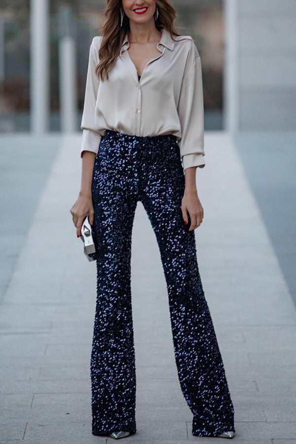 Pantalón acampanado Diva de terciopelo con lentejuelas, talle alto y cintura elástica