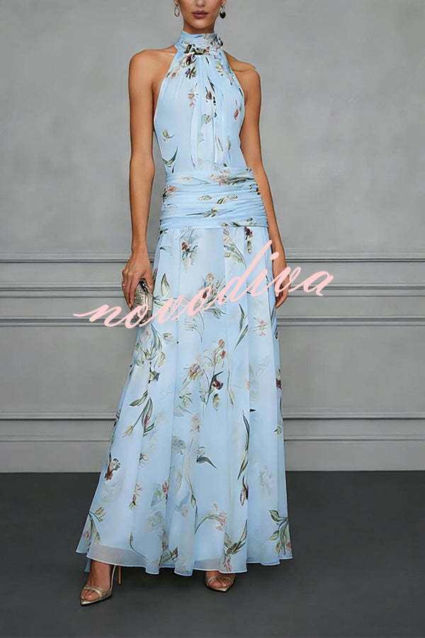 Vestido Aria floral halter fruncido