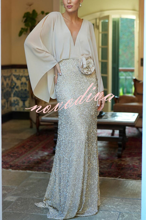Vestido largo Aleina de gasa con manga murciélago, flores bordadas y cintura de lentejuelas