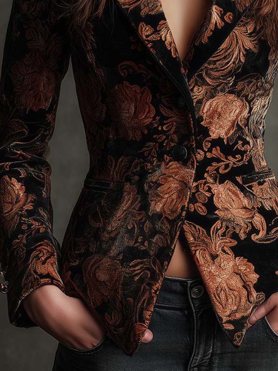 Blazer Sastre con Estampado Floral Negro y Bronce para Mujer
