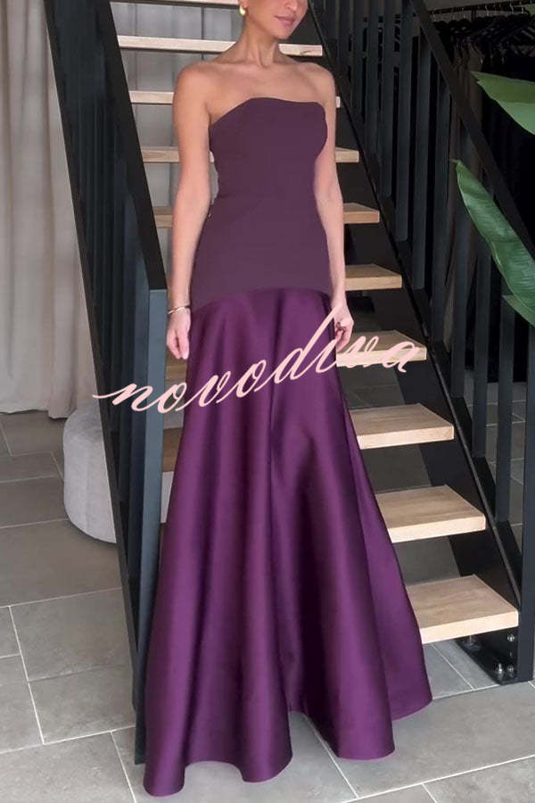 Vestido largo de gala palabra de honor de satén con paneles y vuelo, elegancia atemporal