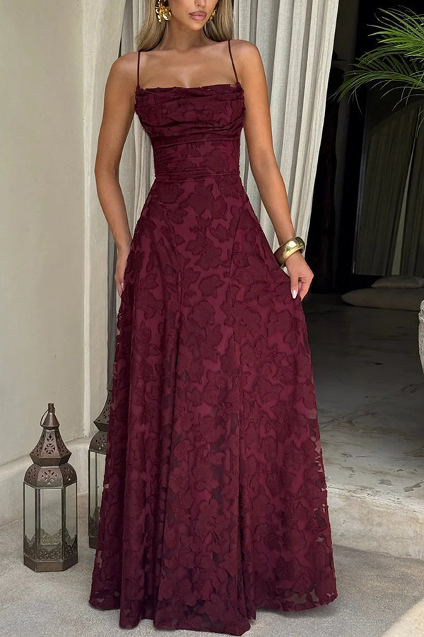 Vestido largo Francis de punto devoré floral con cuello caído y lazada en la espalda