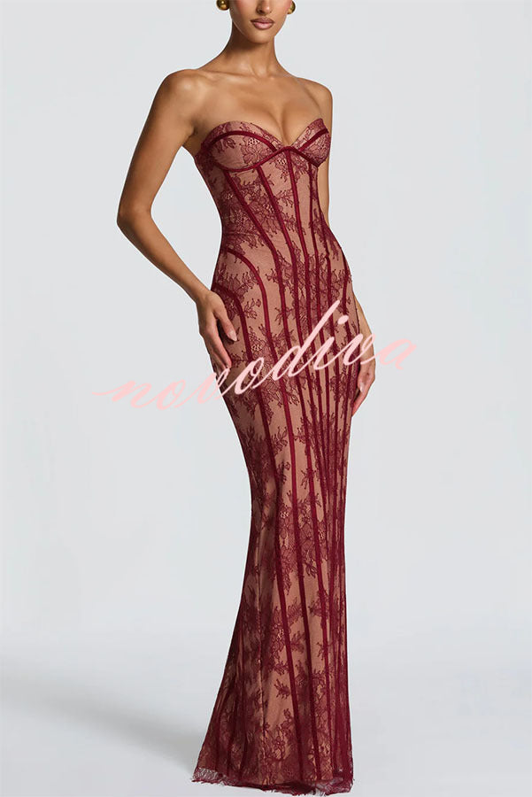 Vestido largo Sian palabra de honor de encaje floral con detalle estructurado en contraste, abertura y lazada en la espalda