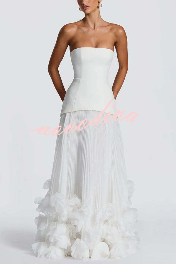 Vestido largo de gala Serafina palabra de honor con apliques florales hechos a mano, bajo plisado y lazada en la espalda