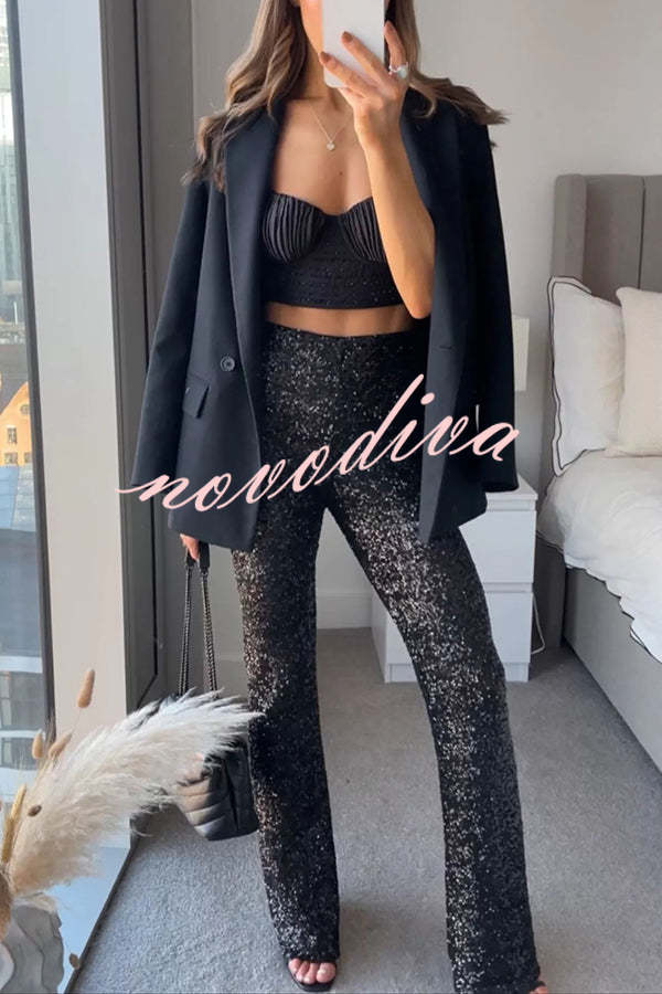 Pantalón acampanado Diva de lentejuelas con talle alto y cintura elástica