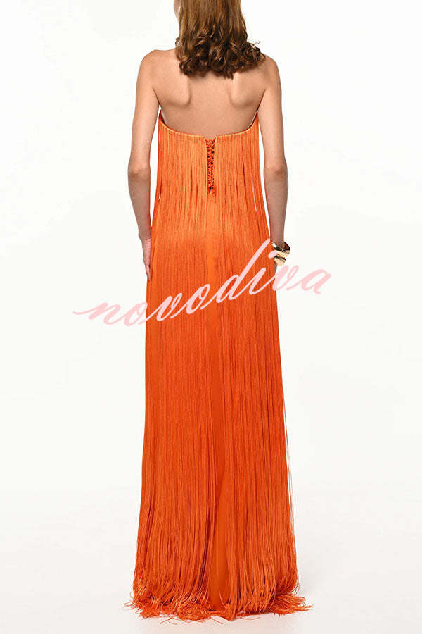 Vestido largo de gala hasta el suelo Dreamy Eye-catching con flecos brillantes y hombros descubiertos